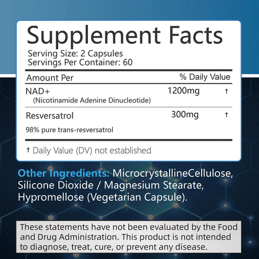 NAD + Resveratrol - Anti-aging, Boosts Energy, Promotes Cell and Skin Health - 120 Capsules