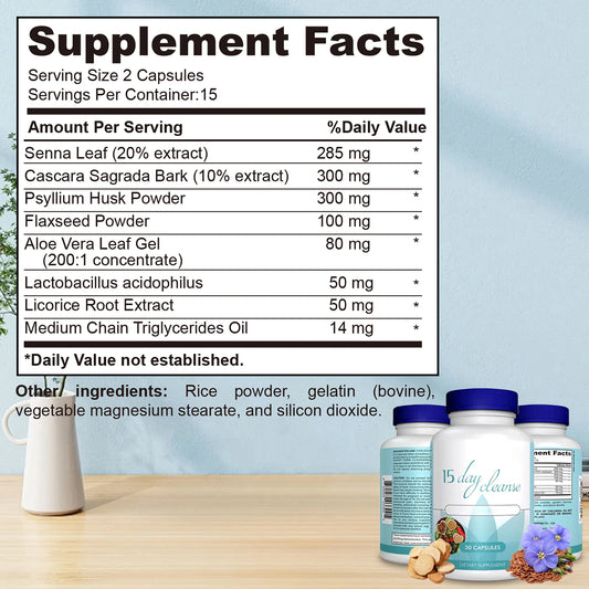 15 Day Colon Cleanse Detox | Weight Loss, Bowel Movement, Constipation Relief and Relaxation - 30 Capsules