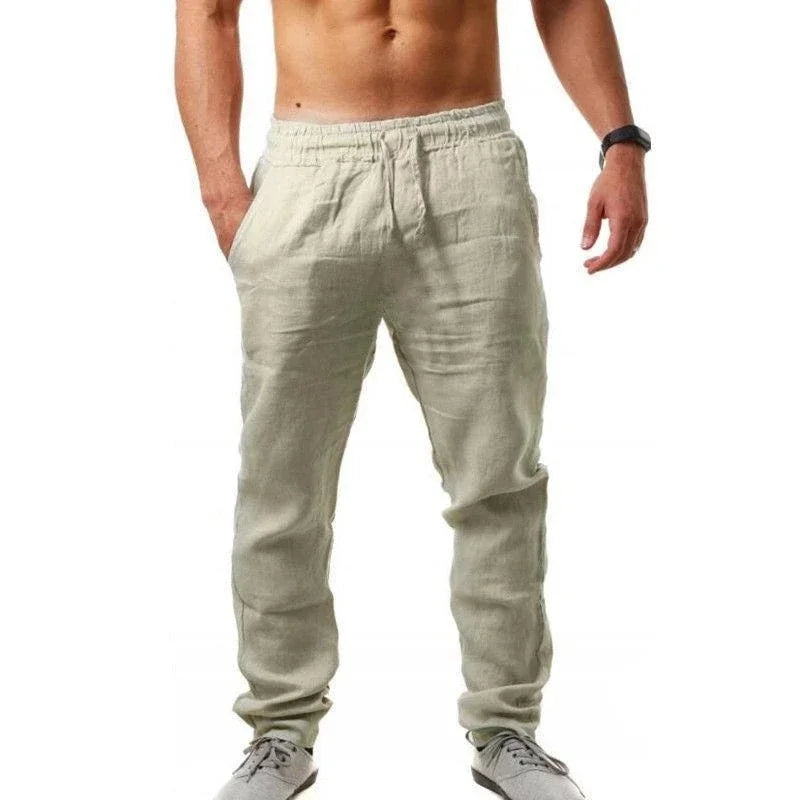 Men's Cotton Linen Pants - Loose Fit, Elastic Waist, Lightweight