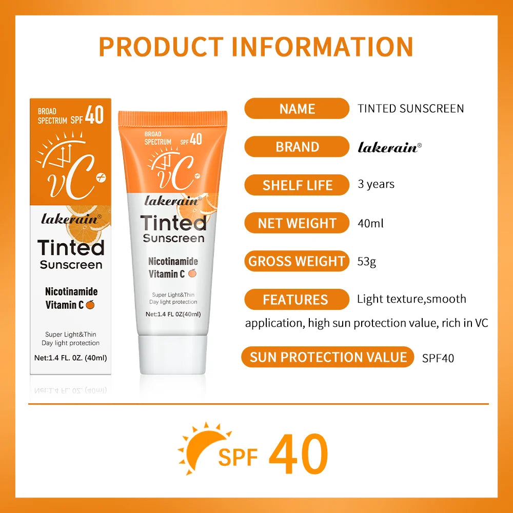 Vitamin C Tinted Sunscreen With SPF 40 - Hydrating Mineral Sunscreen With Zinc Oxide & Titanium