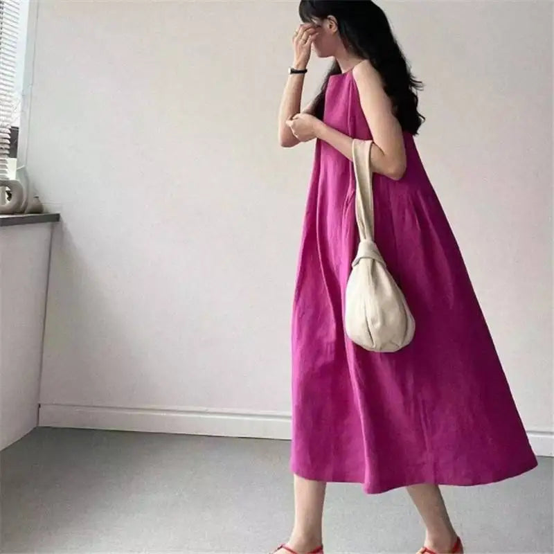 Sleeveless Cotton Linen Dress - Loose Fit, O-Neck, Long Length
