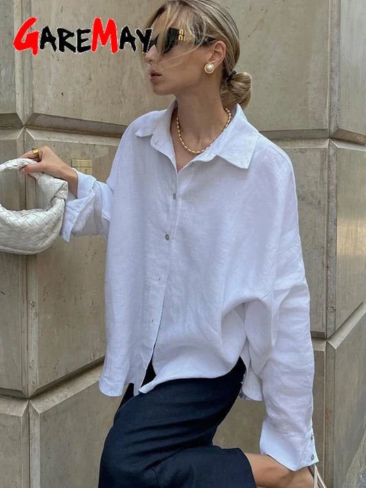 Elegant White Linen Shirt for Women - Long Sleeve, Oversize, Vintage Style