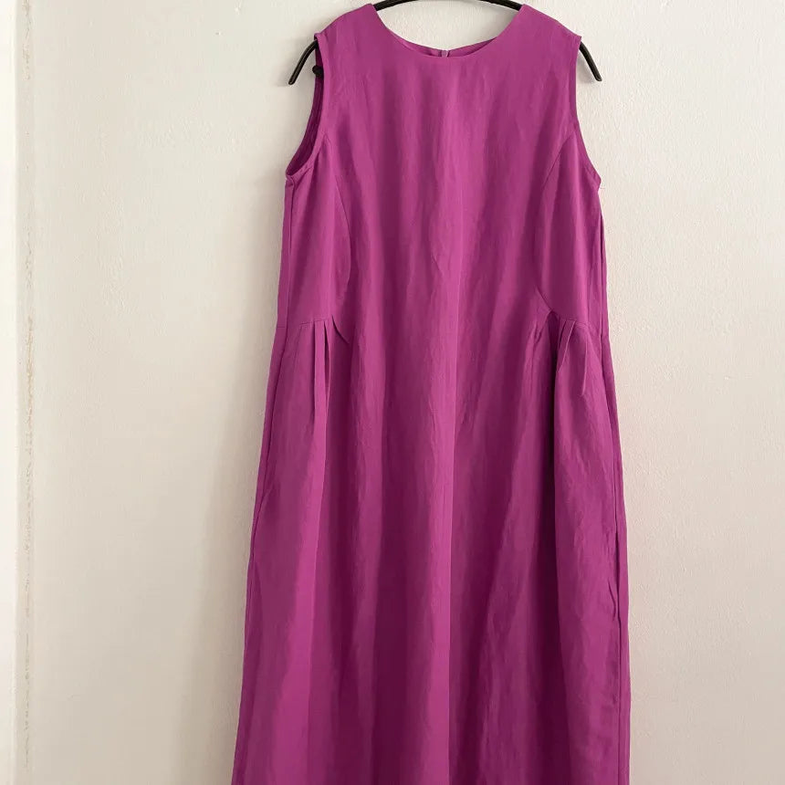 Sleeveless Cotton Linen Dress - Loose Fit, O-Neck, Long Length