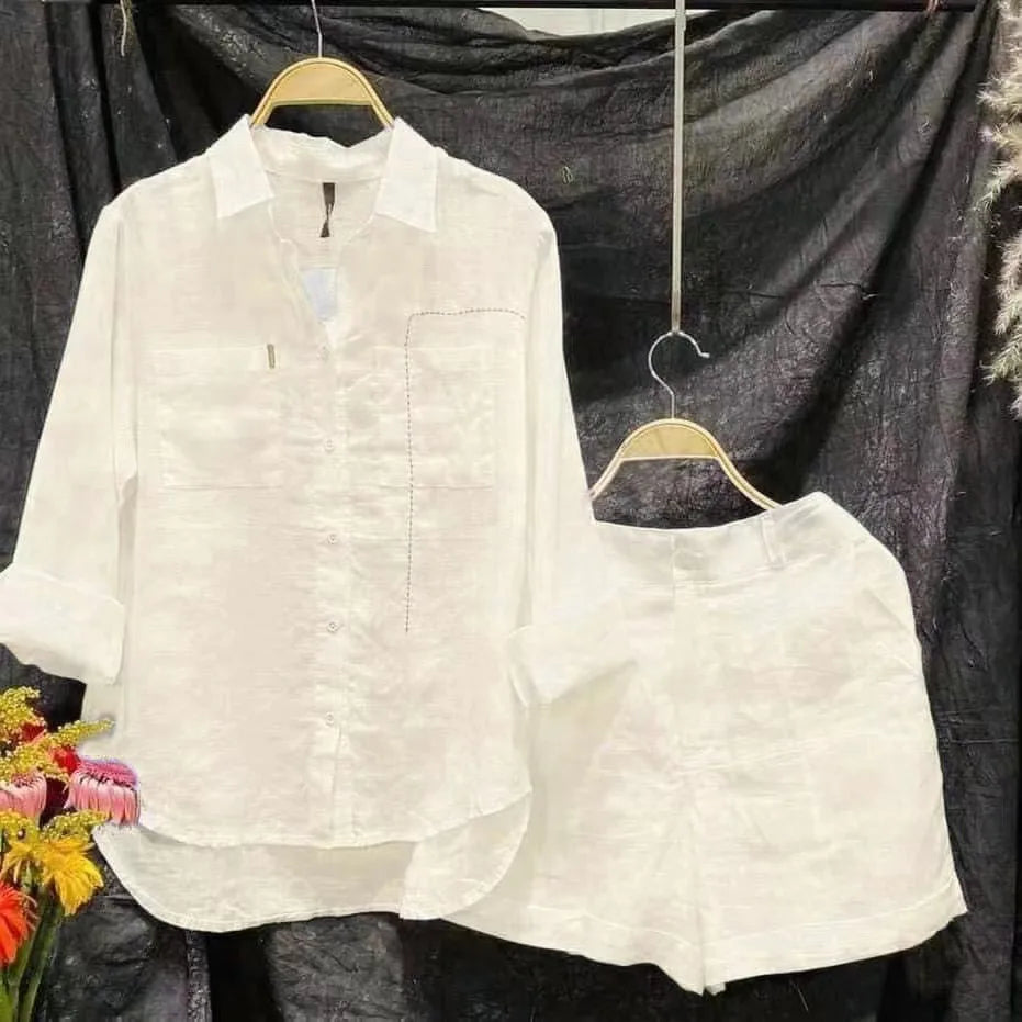 Summer Cotton White Linen Casual 2 Piece Set