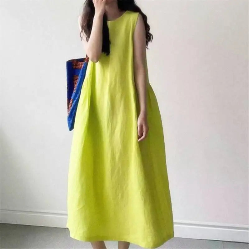 Sleeveless Cotton Linen Dress - Loose Fit, O-Neck, Long Length