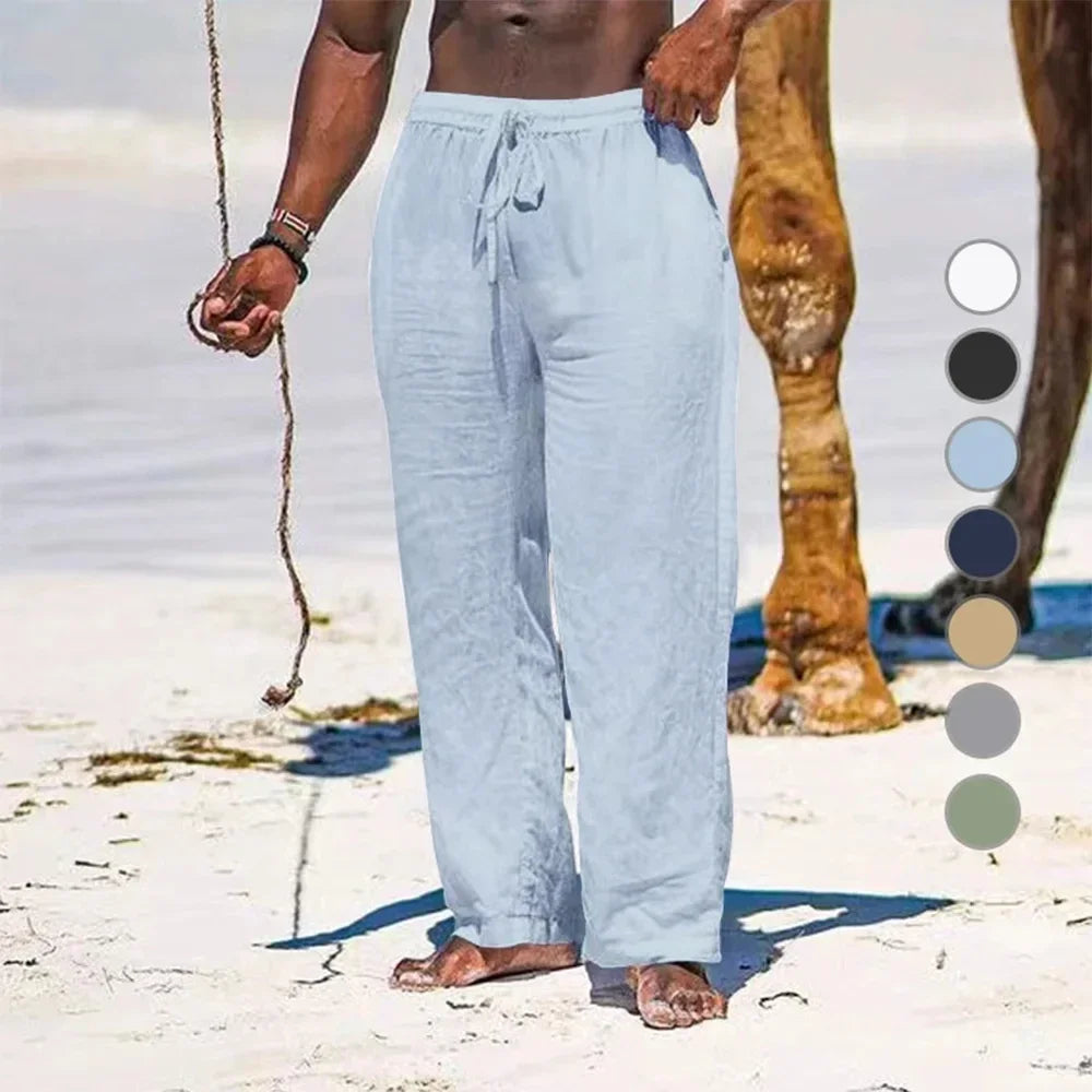 Men's Cotton Linen Pants - Loose Fit, Elastic Waist, Lightweight