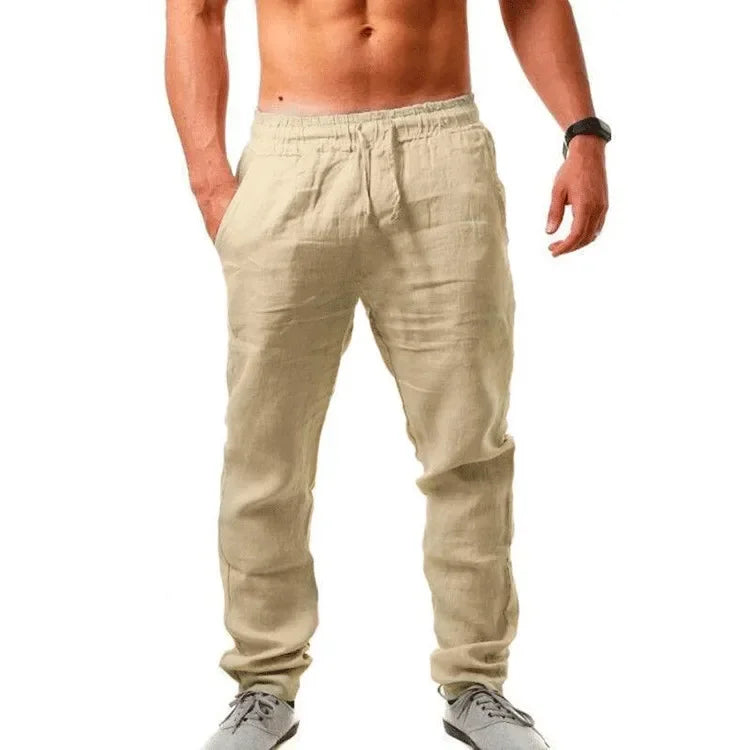 Men's Cotton Linen Pants - Loose Fit, Elastic Waist, Lightweight