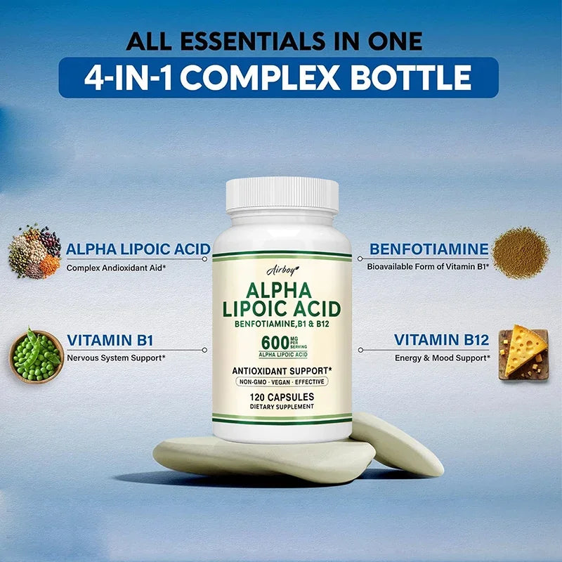 Alpha Lipoic Acid 600mg with Benfotiamine B1 & B12 - Advanced Nerve & Metabolic Support Complex