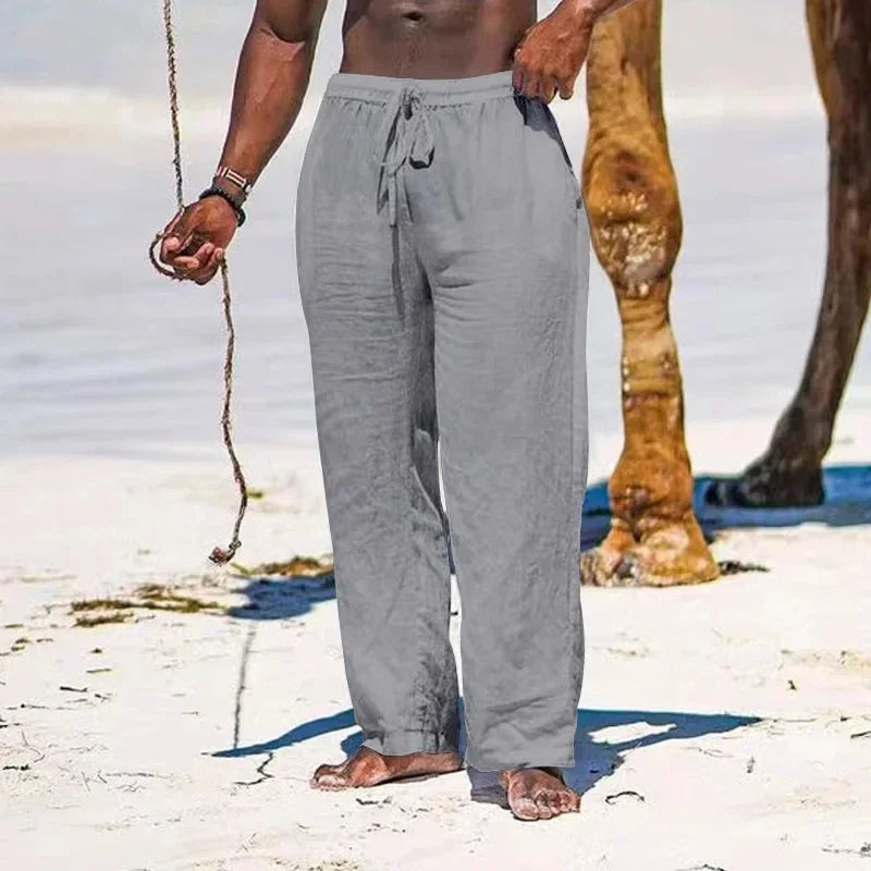 Men's Cotton Linen Pants - Loose Fit, Elastic Waist, Lightweight