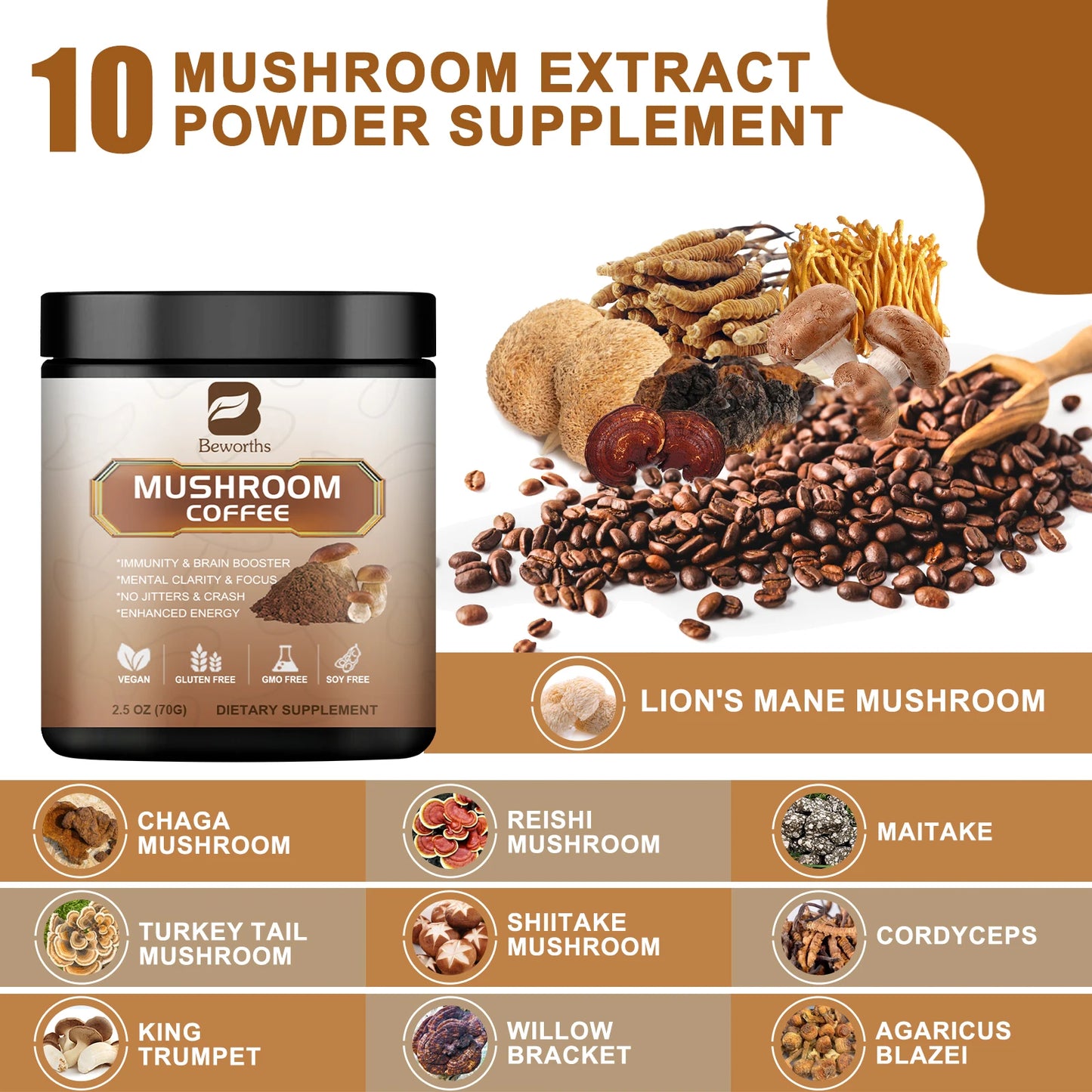 Mushroom Coffee 250g - Reishi & Lion's Mane 10-in-1 Focus & Immunity Blend