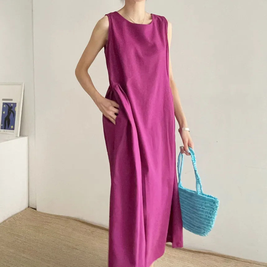 Sleeveless Cotton Linen Dress - Loose Fit, O-Neck, Long Length