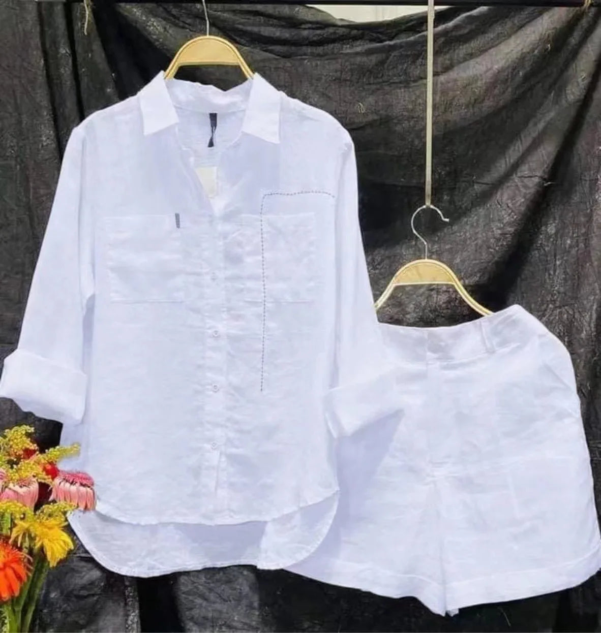 Summer Cotton White Linen Casual 2 Piece Set