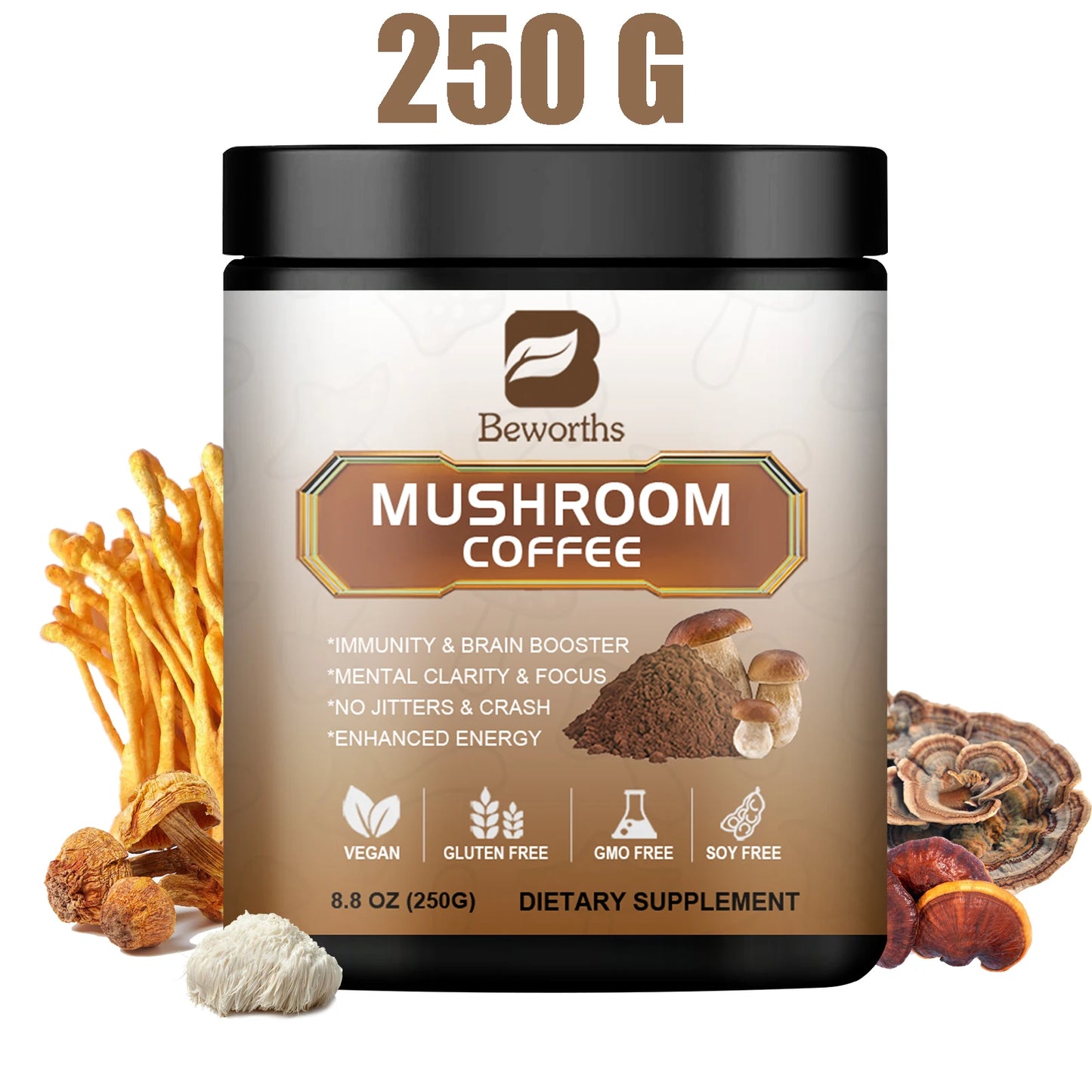 Mushroom Coffee 250g - Reishi & Lion's Mane 10-in-1 Focus & Immunity Blend