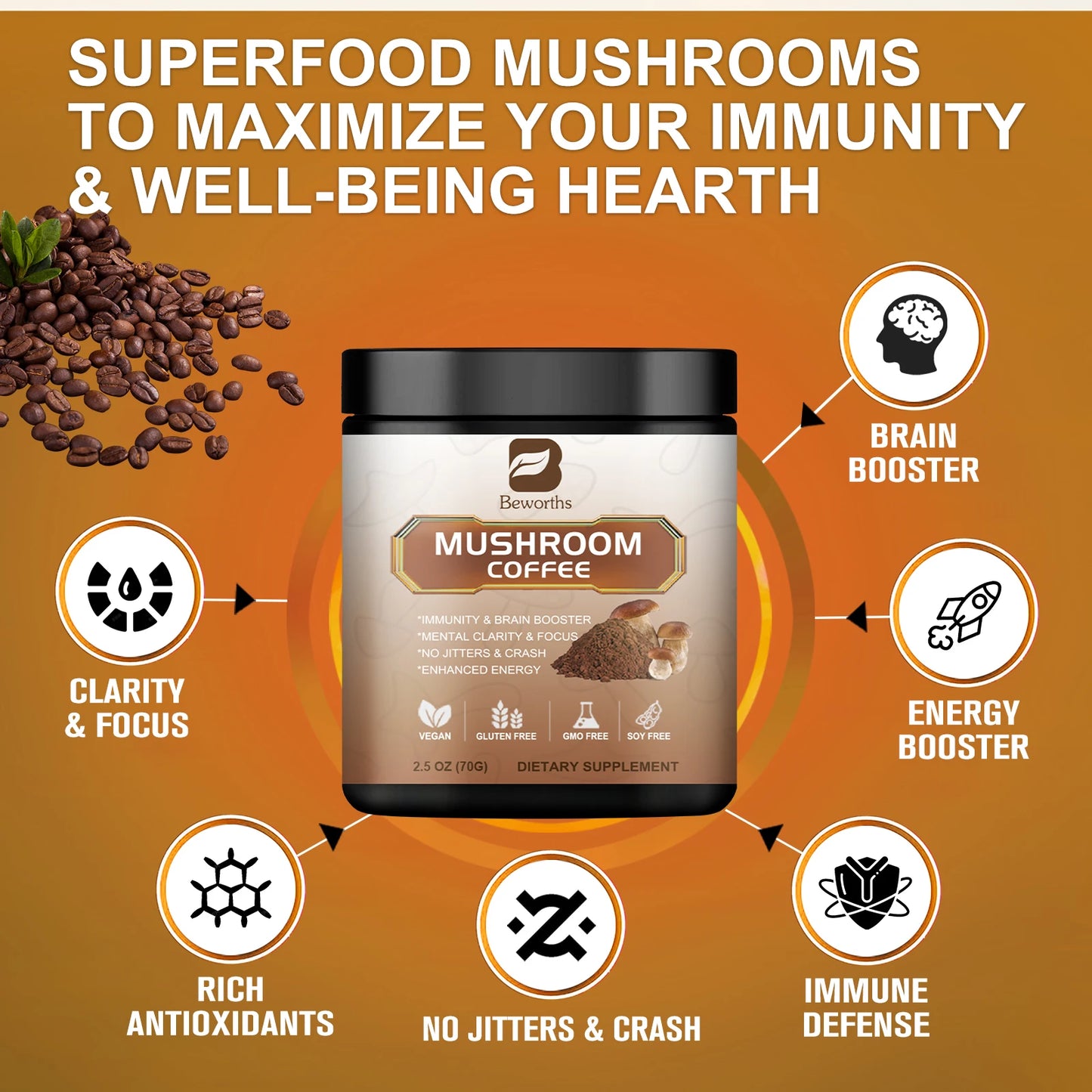 Mushroom Coffee 250g - Reishi & Lion's Mane 10-in-1 Focus & Immunity Blend