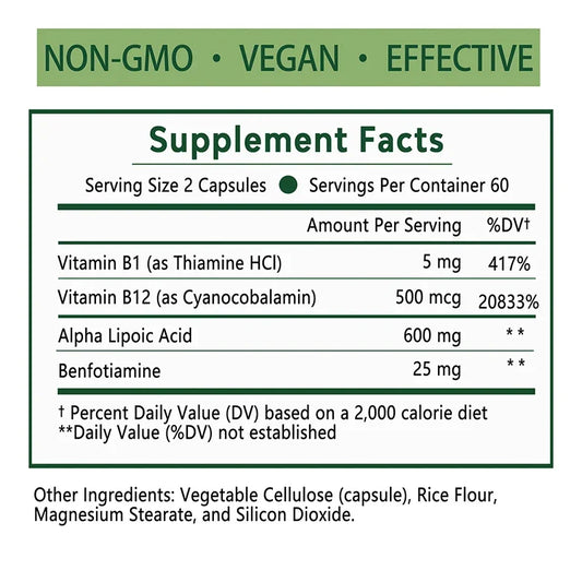 Alpha Lipoic Acid 600mg with Benfotiamine B1 & B12 - Advanced Nerve & Metabolic Support Complex