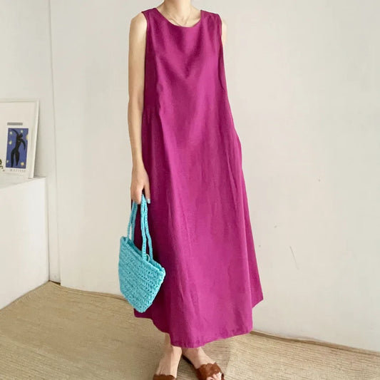 Sleeveless Cotton Linen Dress - Loose Fit, O-Neck, Long Length