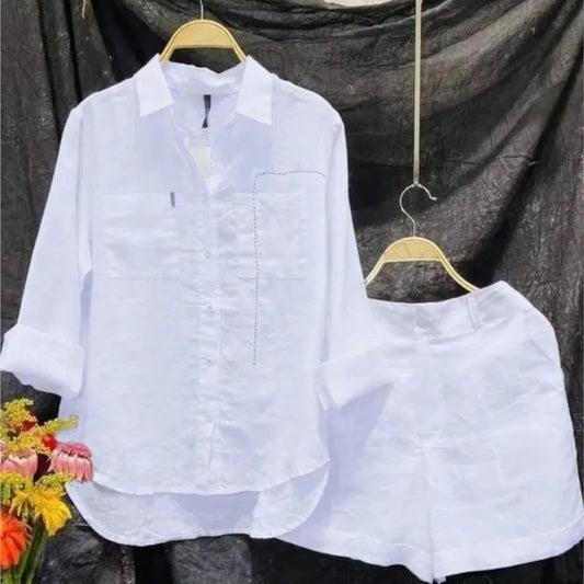 Summer Cotton White Linen Casual 2 Piece Set