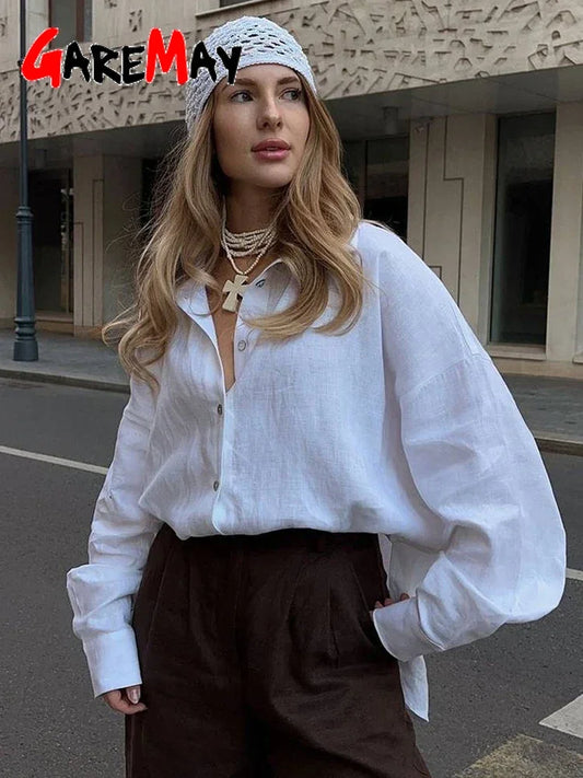 Elegant White Linen Shirt for Women - Long Sleeve, Oversize, Vintage Style