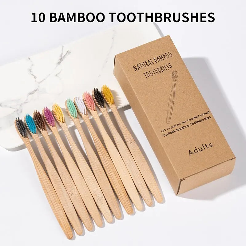 Bamboo Toothbrush Set - Natural & Eco-Friendly (10 Pack)