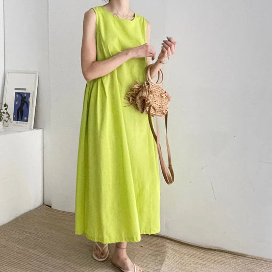 Sleeveless Cotton Linen Dress - Loose Fit, O-Neck, Long Length